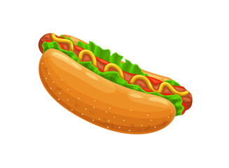 Cartoon chicken hot dog with sausage and bun. Vector fast food hotdog sandwich of bread roll, mustard and ketchup sauce, lettuce salad and chicken meat sausage or wiener. Fast food restaurant menu