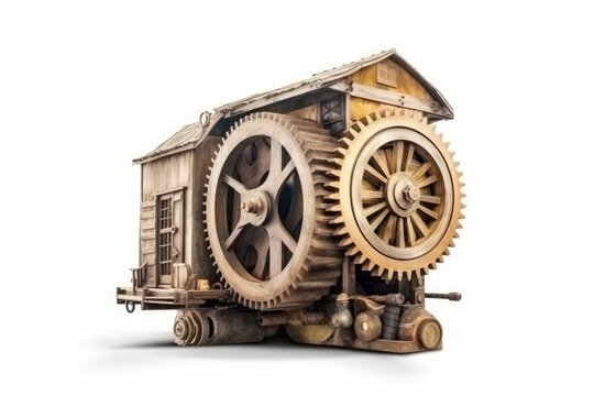 wooden house model with intricate gear mechanisms. Generative AI