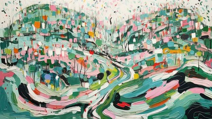 Obraz premium abstract expressive painting depicting the Asian city, expressive lines, busy compositions, algorithmic artistry, romantic riverscapes, colorful brushwork, colorful
