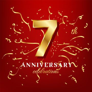 7 golden numbers and anniversary celebrating text with golden confetti spread on a red background