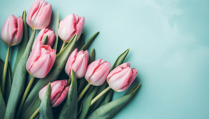 Beautiful composition spring flowers, Bouquet of pink tulips flowers on pastel blue background, Mother's Day, Flat lay, top view, Generative AI