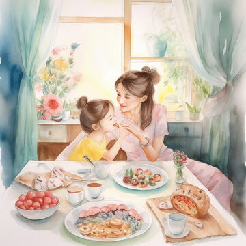 Mother's Day watercolor art, a cozy indoor brunch scene, with a mother and child sitting at a table covered in a pastel,colored tablecloth, The table is laden with delicious pastries, Generative AI