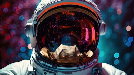 Obraz na płótnie Canvas astronaut in space with a shiny reflective helmet, glitch aesthetic, tilt-shift lenses, cyberpunk realism, bokeh effect, generative AI