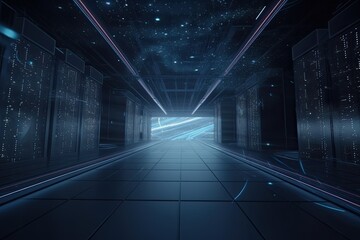 Data Center Hallway with Rows of Servers. Generative AI