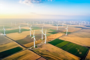 Large fields of wind power plants, view from above. Wind Turbines, Wind Energy Concept. High quality generative AI