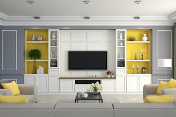 modern living room with stylish furniture and a large flat screen TV. Generative AI