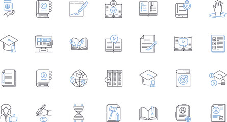 Dissertation and astronomy line icons collection. issertation, astronomy, thesis, research, stars, galaxies, black hole vector and linear illustration. supernova, cosmology, space outline signs set