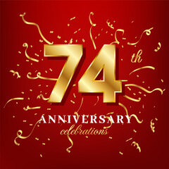 74 golden numbers and anniversary celebrating text with golden confetti spread on a red background
