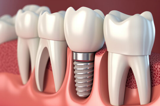 Tooth implant and crown installation. Medically accurate 3D illustration. Generative AI