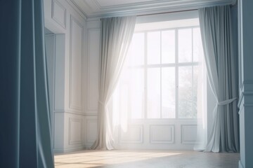 Naklejka na ściany i meble Open window with curtains in empty room. Generative AI