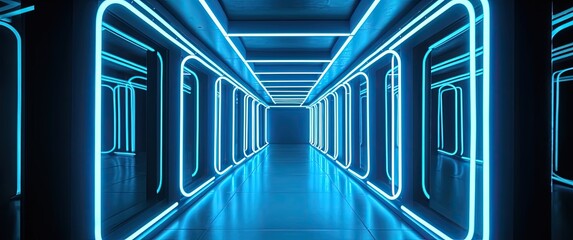 Obraz premium neon colored corridor with neon lights, bold structural designs, violet, cyberpunk, retro wave, synth wave, generative AI