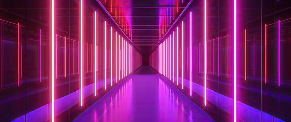 Fototapeta premium neon colored corridor with neon lights, bold structural designs, violet, cyberpunk, retro wave, synth wave, generative AI