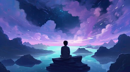 Anime Style Boy Watching Stars on beautiful tonalist Sky with Nightcore Vibes - Calming Symmetry of Radiant Clusters in Cosmic Sky, Generative AI