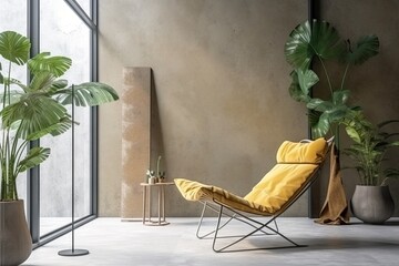 Fototapeta na wymiar vibrant yellow chair placed beside a tall, green plant in a room. Generative AI