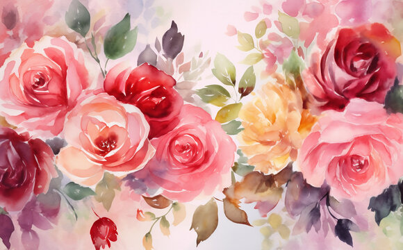 beautiful mother's day watercolor frame made of red & pink flowers and roses, wedding card, background, painting, Generative AI