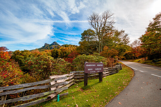 Grandfather Mountain State park in fall season. Grandfather Mountain is a mountain near Linville, North Carolina. At 5,946 feet, it is the highest peak on the eastern of the Blue Ridge Mountains.