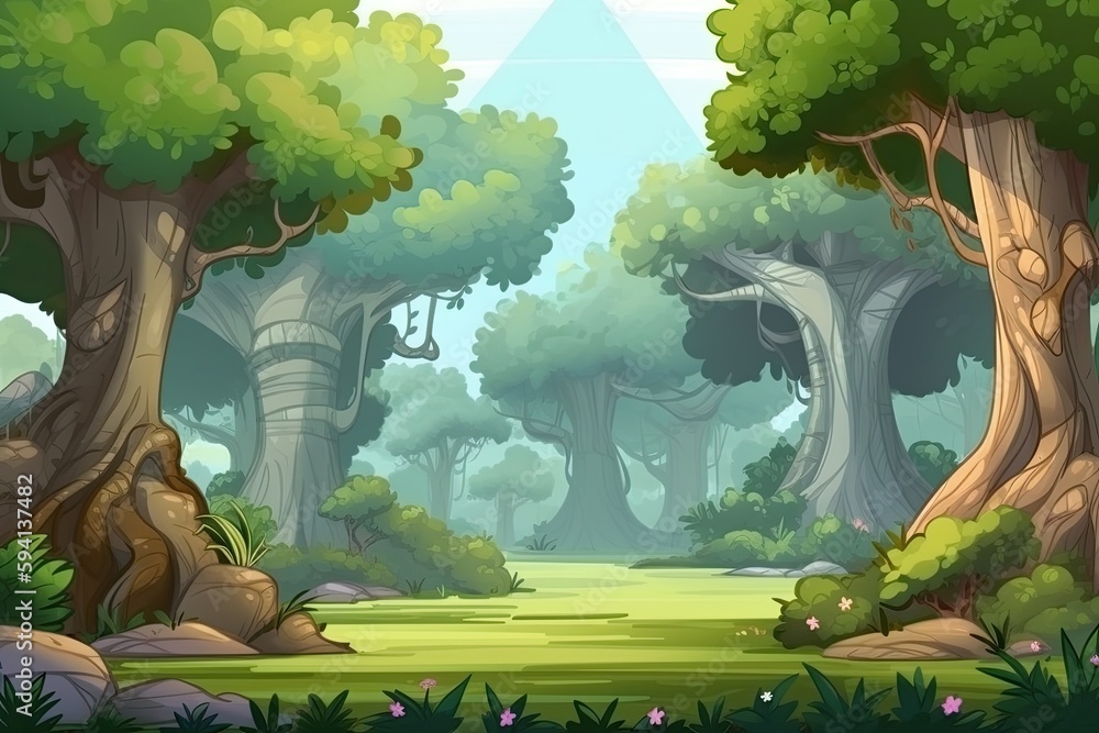 Poster serene forest with a hammock hanging between two trees. generative ai