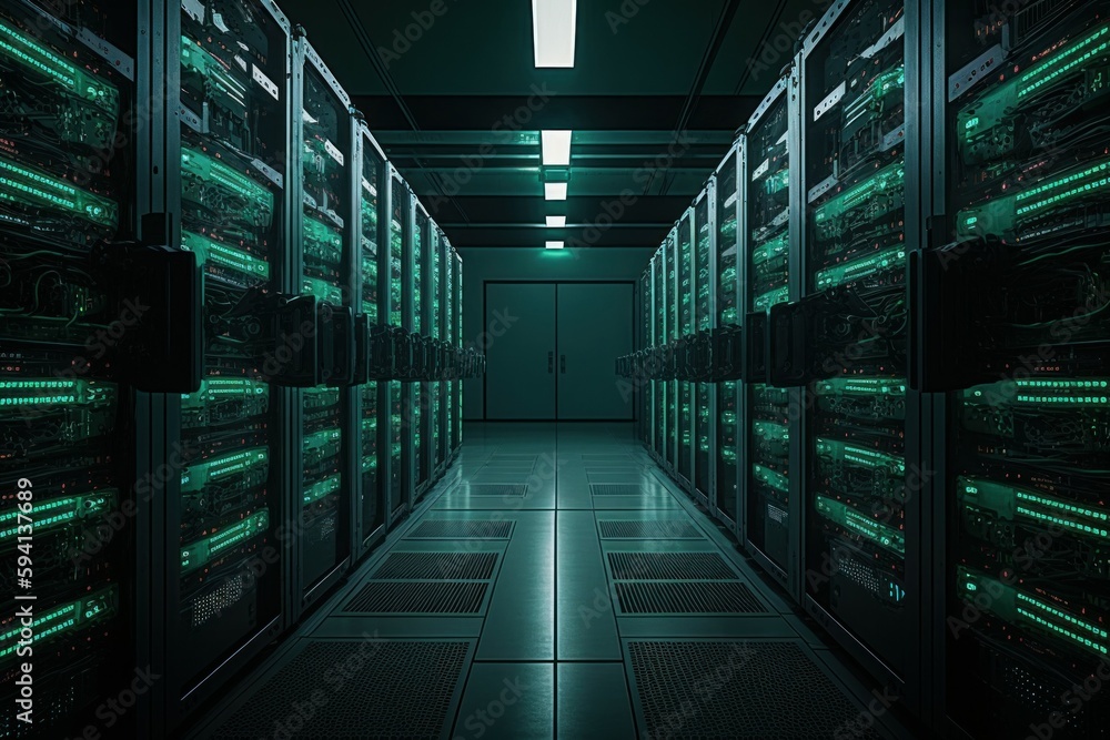 Poster modern data center with computer servers. ai generated, human enhanced.