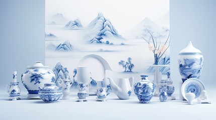 Blue and White Vases and Bowls in Surreal 3D Landscape Style - Traditional Chinese Kitchen Still Life, Generative AI