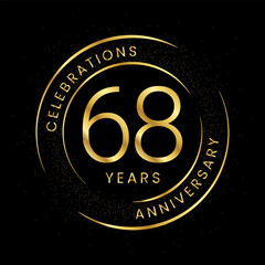 68th anniversary, golden anniversary with a circle, line, and glitter on a black background.