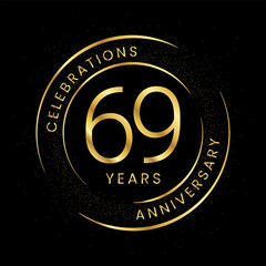 69th anniversary, golden anniversary with a circle, line, and glitter on a black background.