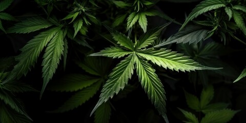 Fototapeta na wymiar Cannabis Sativa Leaves On Dark. Medical Legal Marijuana. AI generated, human enhanced.