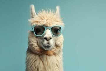 Obraz premium Funny cute alpaca in sunglasses with happy emotion. AI generated, human enhanced