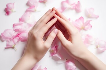 Close-up of beautiful female hands with flowers. The concept of hand care anti-aging cream and spa. AI generated