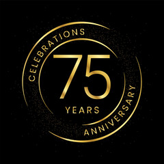 75th anniversary, golden anniversary with a circle, line, and glitter on a black background.