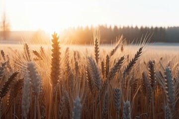 golden wheat field with a vibrant sunset in the background. Generative AI