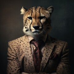 Anthropomorphic cheetah dressed in a business suit like a boss. AI generated, human enhanced