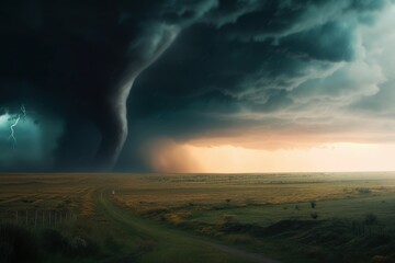 Fototapeta na wymiar Tornado In Stormy Landscape. Hurricane wind. Climate Change And Natural Disaster Concept. AI generated, human enhanced