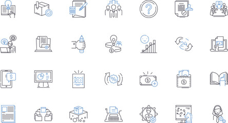 Loan office line icons collection. Funding, Finance, Credit, Interest, Mortgage, Collateral, Application vector and linear illustration. Assets,Liabilities,Approval outline signs set