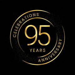 95th anniversary, golden anniversary with a circle, line, and glitter on a black background.