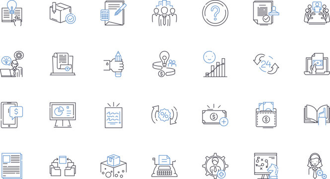 Loan office line icons collection. Funding, Finance, Credit, Interest, Mortgage, Collateral, Application vector and linear illustration. Assets,Liabilities,Approval outline signs set