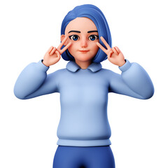 Cute Chubby Cartoon Character with Showing Peace  Gesture using Both Hand Near Eye , 3D Render Illustration