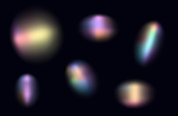 Rainbow flash beam of light. Set of multi-colored round glare rays, through glass, lens, prism. Spectrum of blinding flash, blurred shapes, iridescent, reflection glow, beam blur. Magic light. Vector.