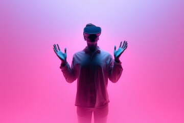 Young man wearing virtual reality glasses in neon colors. AI generated, human enhanced.