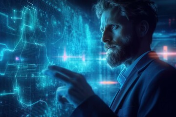 Male Software Architect IT specialist works with infographic hologram. AI generated, human enhanced.
