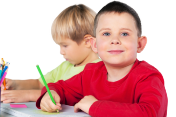 Two little boys studying subject on background