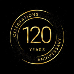 120th anniversary, golden anniversary with a circle, line, and glitter on a black background.