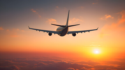 Naklejka na ściany i meble Passenger airplane above cloud with beautiful sunset view 