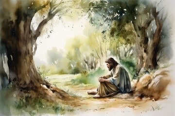 Fototapeta na wymiar Watercolor Illustration of a Jesus Christ Praying In The Garden Of Gethsemane Painting, generative AI