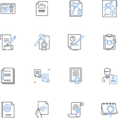 Document line icons collection. Record, File, Report, Text, Manuscript, Manuscript, Script vector and linear illustration. Writings,Paper,Thesis outline signs set