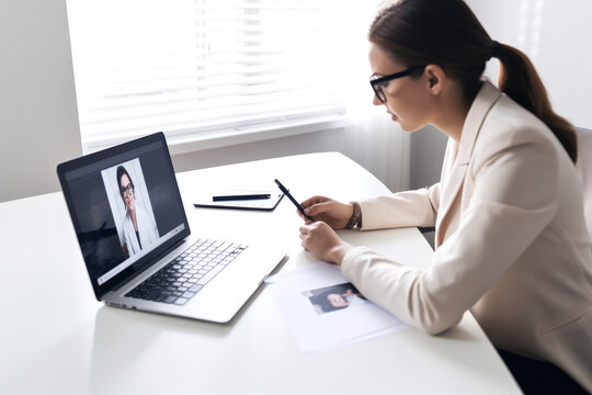 Businesswoman having an office video call with a client, High quality generative AI