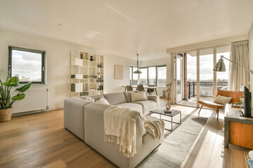 a living room with wood flooring and large windows looking out onto the cityscapearrons com
