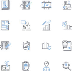 Scrutinising line icons collection. Examining, Inspecting, Analyzing, Evaluating, Assessing, Appraising, Verifying vector and linear illustration. Checking,Observing,Surveying outline signs set