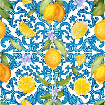 Mediterranean seamless pattern. Blue majolica tiles and yellow lemons endless background. Sicilian traditional print for fabric and wallpaper. Blue azulejo.