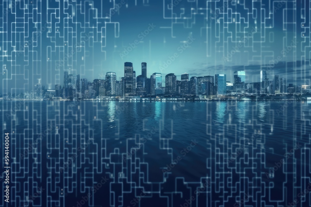 Poster colorful city skyline with numerical data overlay. generative ai