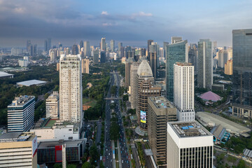 aerial shoot of Jakarta skyline during the golden hour. Jakarta is the capital city of indonesia that also one of the most populated city in the world.